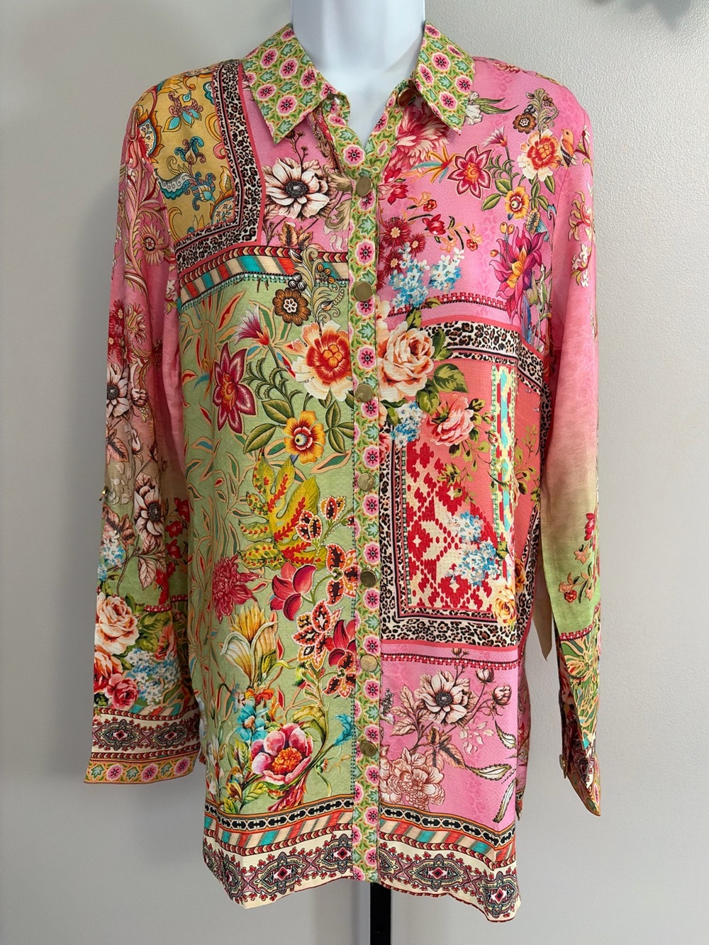 NWT Aratta Silent Journey- Della Patchwork Floral Button-Down Shirt